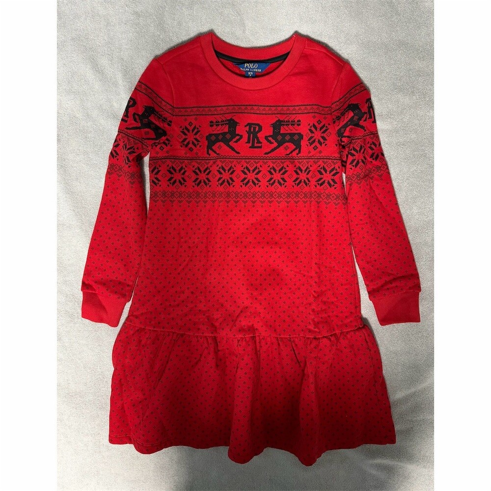 Polo Ralph Lauren Sweater Dress Girls Size 7 Red Holiday Reindeer Fair